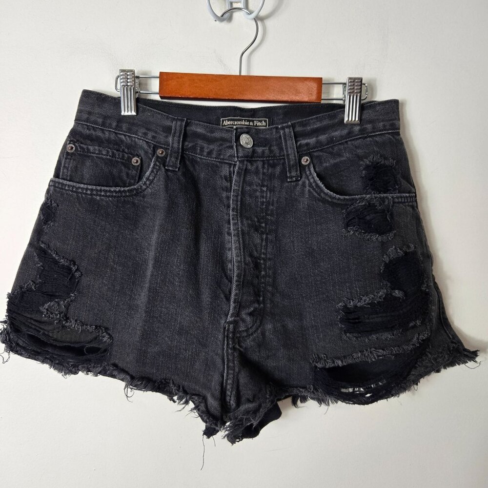 Abercrombie & Fitch Size 28 Black Shorts Destroyed High Rise Denim Grunge Cotton